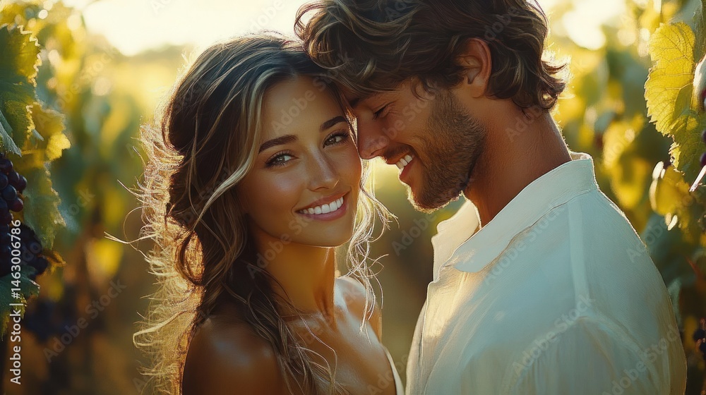Happy couple smiling and embracing in a sunlit vineyard surrounded by green grape leaves and clusters of ripe grapes