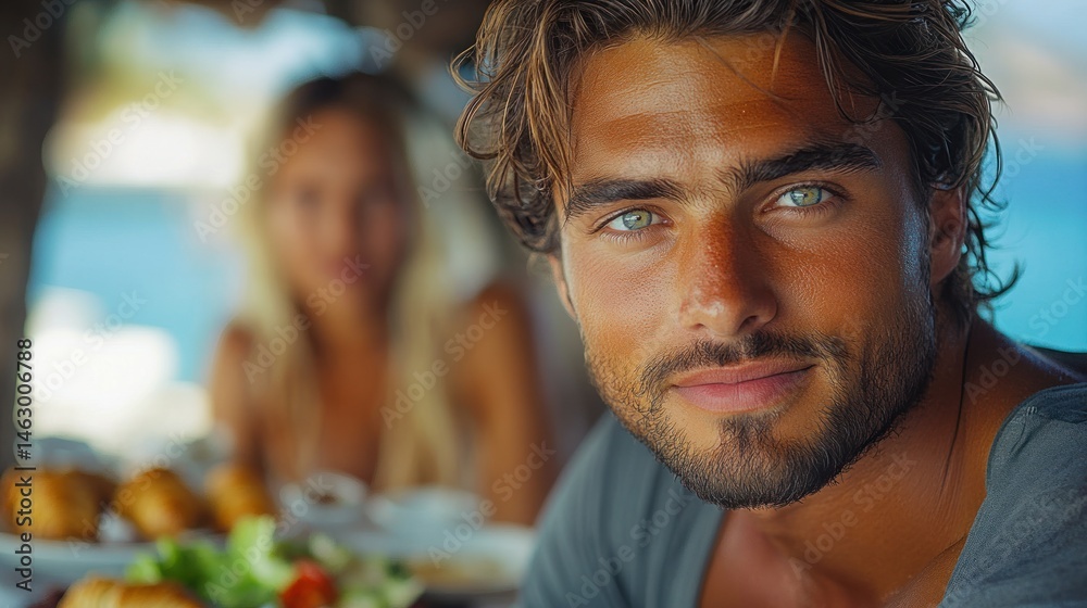 Close-up portrait of a smiling man with blue eyes and short curly hair sitting at a table outdoors with a blurred woman and food in the background