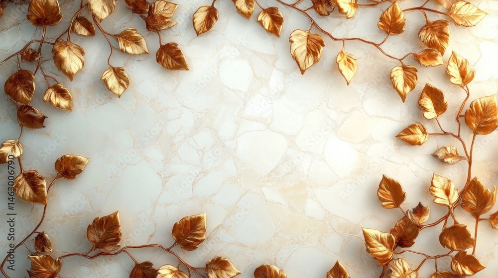 Elegant arrangement of golden leaves and branches framing a soft marble textured background with warm light