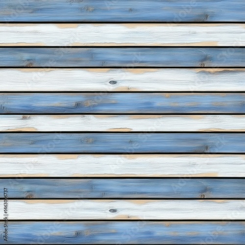 Obraz na płótnie Close-up of wooden planks painted with alternating blue and white stripes, showing natural wood texture and rustic weathered look w salonie