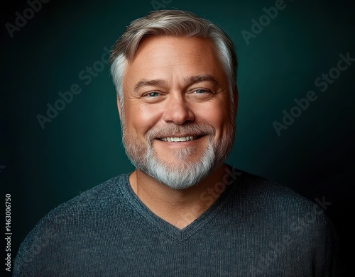 Obraz na płótnie portrait of happy middle-aged man with gray hair and beard smiling warmly against dark background w salonie
