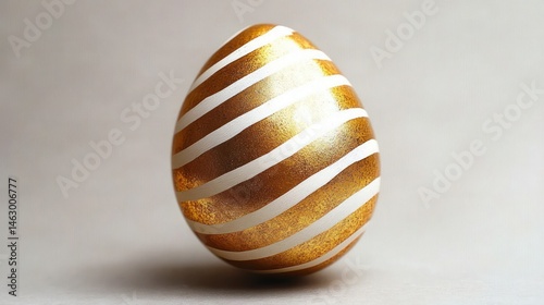 Obraz na płótnie Single golden egg with white diagonal stripes on a smooth neutral background reflecting soft light w salonie