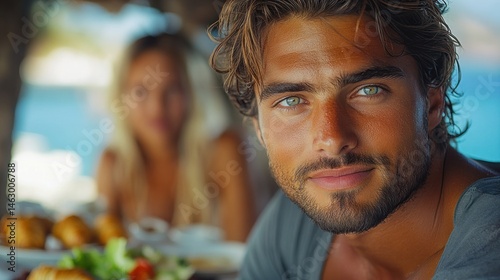 Obraz na płótnie Close-up portrait of a smiling man with blue eyes and short curly hair sitting at a table outdoors with a blurred woman and food in the background w salonie