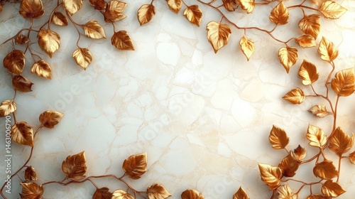 Obraz na płótnie Elegant arrangement of golden leaves and branches framing a soft marble textured background with warm light w salonie