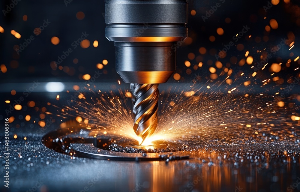 Close-up of a metal cutting tool producing bright orange sparks while machining a metal surface in an industrial setting with sharp focus and dark background