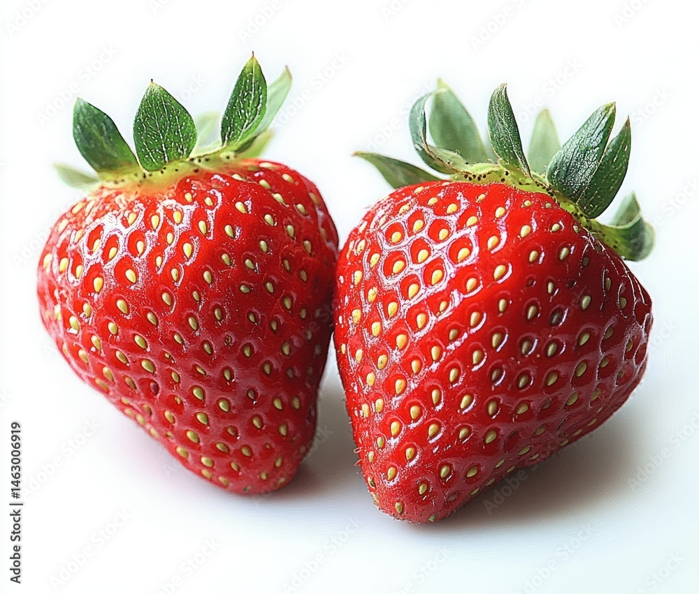 Close-up of two fresh ripe red strawberries with green leaves on a white background