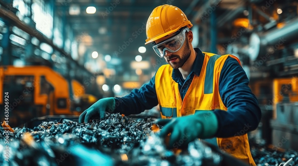 Focused male worker wearing safety gear sorting through scrap metal pieces in a brightly lit industrial factory setting