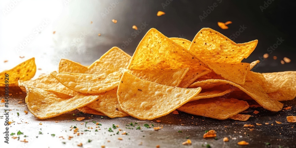 Close-up of crispy golden tortilla chips scattered on a dark surface with seasoning and crumbs, evoking a crunchy and savory snack vibe