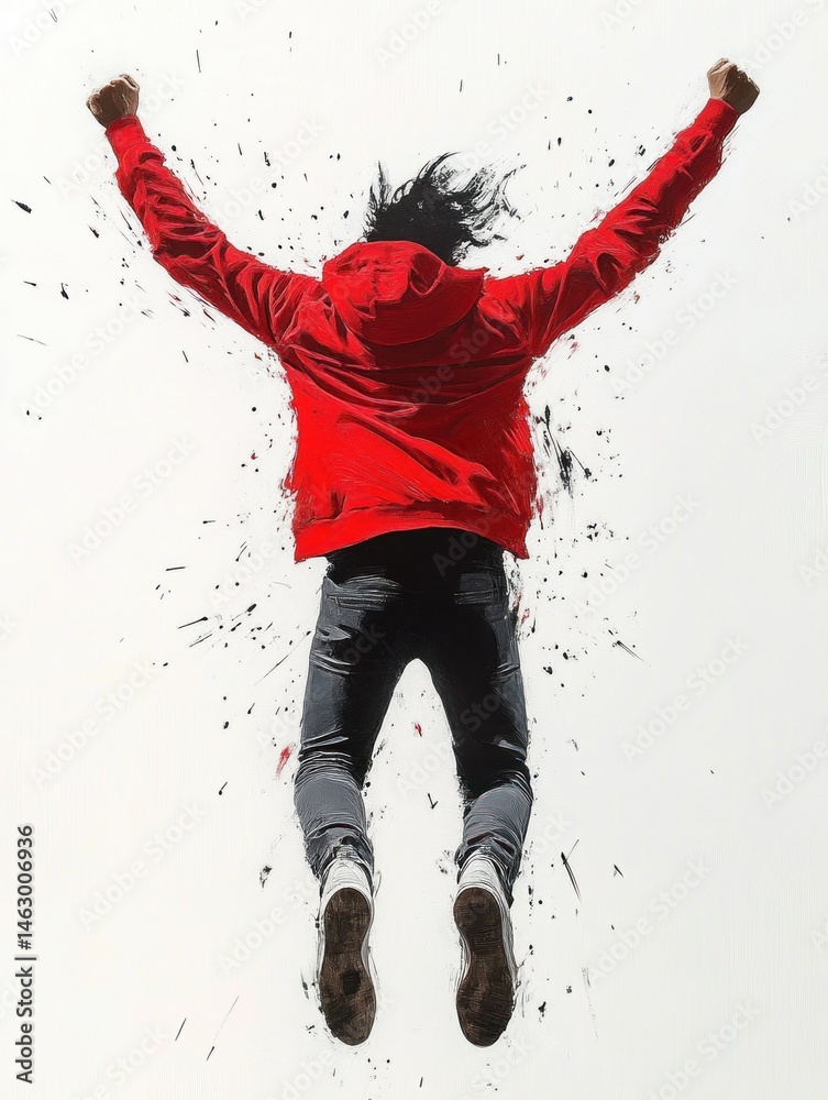 Person in red hoodie jumping with arms raised against white background with dynamic black splatter accents showing energy and motion