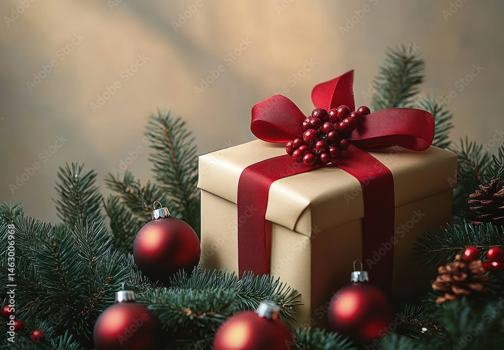 Elegant holiday gift box wrapped with a red ribbon and decorated with red berries surrounded by green pine branches, pine cones, and red Christmas ornaments conveying festive warmth