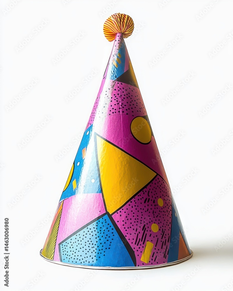 colorful party hat with geometric patterns and a pom-pom on top against a white background
