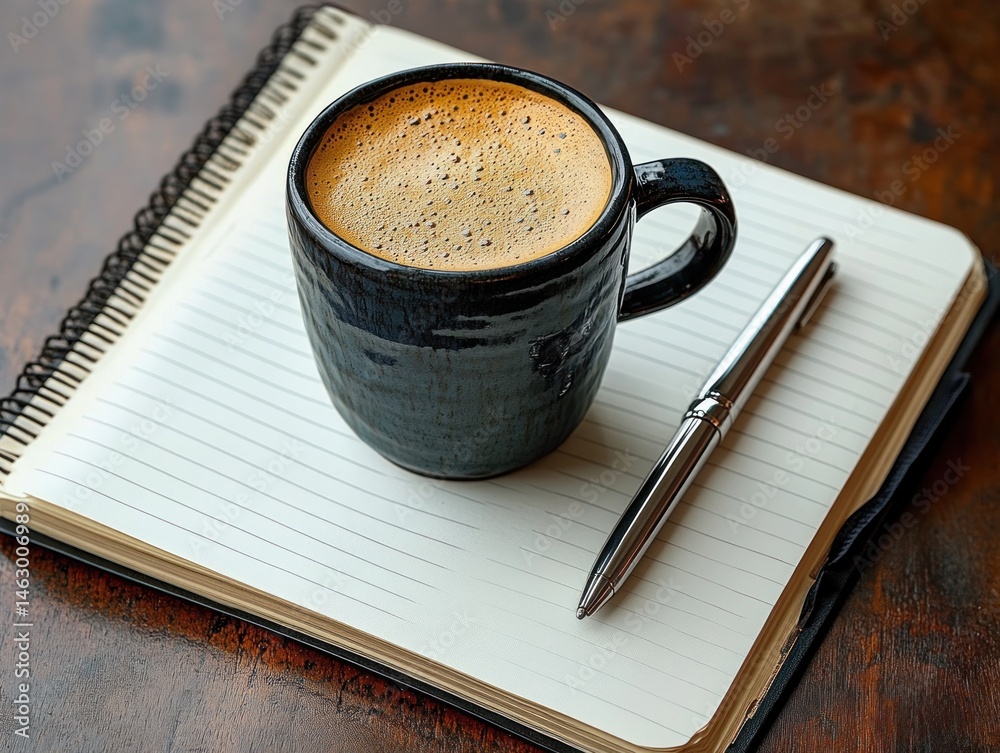 A dark ceramic mug filled with frothy coffee on an open spiral notebook with lined pages, beside a shiny silver pen, resting on a wooden surface