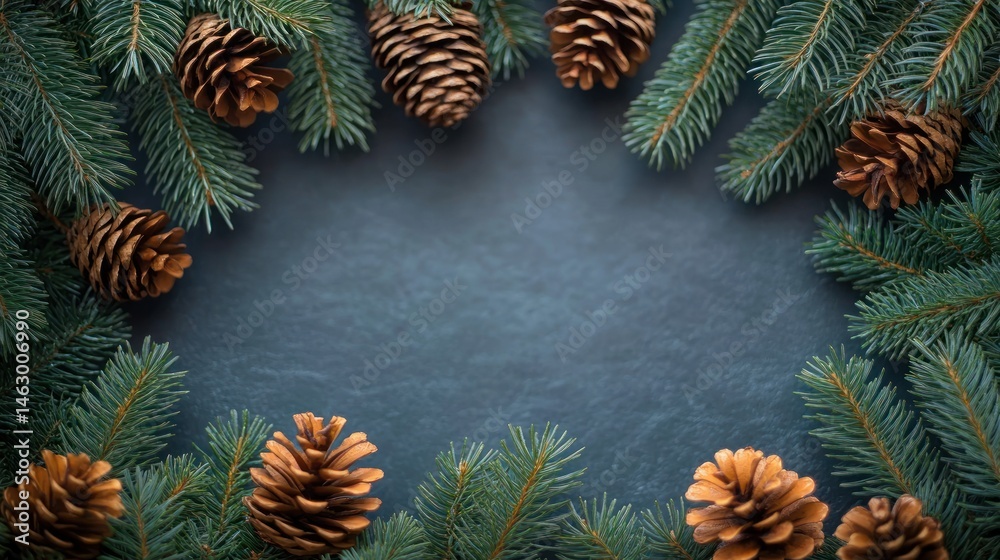 Frame of green pine tree branches and brown pine cones surrounding a textured blue-gray surface creating a natural festive border
