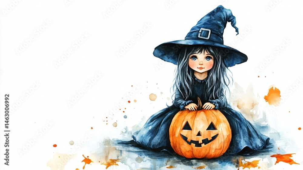 Fototapeta premium Enchanting Watercolor Illustration of Little Sweet Girl Witch