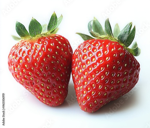 Obraz na płótnie Close-up of two fresh ripe red strawberries with green leaves on a white background w salonie