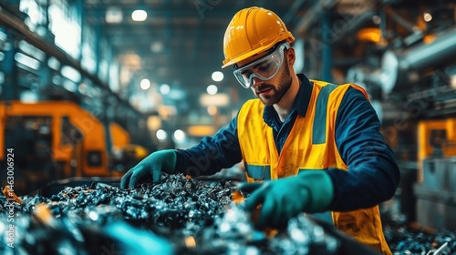 Obraz na płótnie Focused male worker wearing safety gear sorting through scrap metal pieces in a brightly lit industrial factory setting w salonie