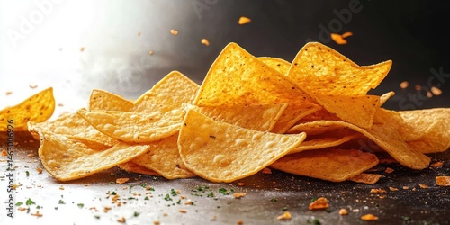 Obraz na płótnie Close-up of crispy golden tortilla chips scattered on a dark surface with seasoning and crumbs, evoking a crunchy and savory snack vibe w salonie