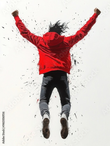 Obraz na płótnie Person in red hoodie jumping with arms raised against white background with dynamic black splatter accents showing energy and motion w salonie