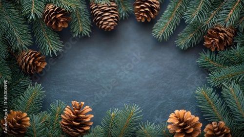 Obraz na płótnie Frame of green pine tree branches and brown pine cones surrounding a textured blue-gray surface creating a natural festive border w salonie