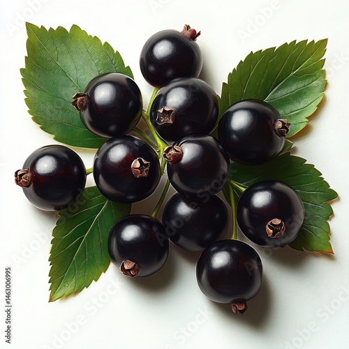 Cluster of shiny black currant berries with green serrated leaves on white background