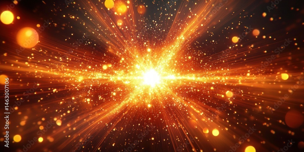 Bright golden light explosion with radiant beams and glowing particles floating against a dark background, creating a dynamic and energetic atmosphere