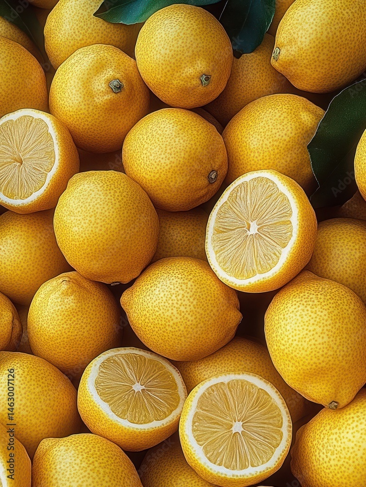 Close-up of fresh whole and halved yellow lemons with green leaves, showcasing their textured skin and juicy interior