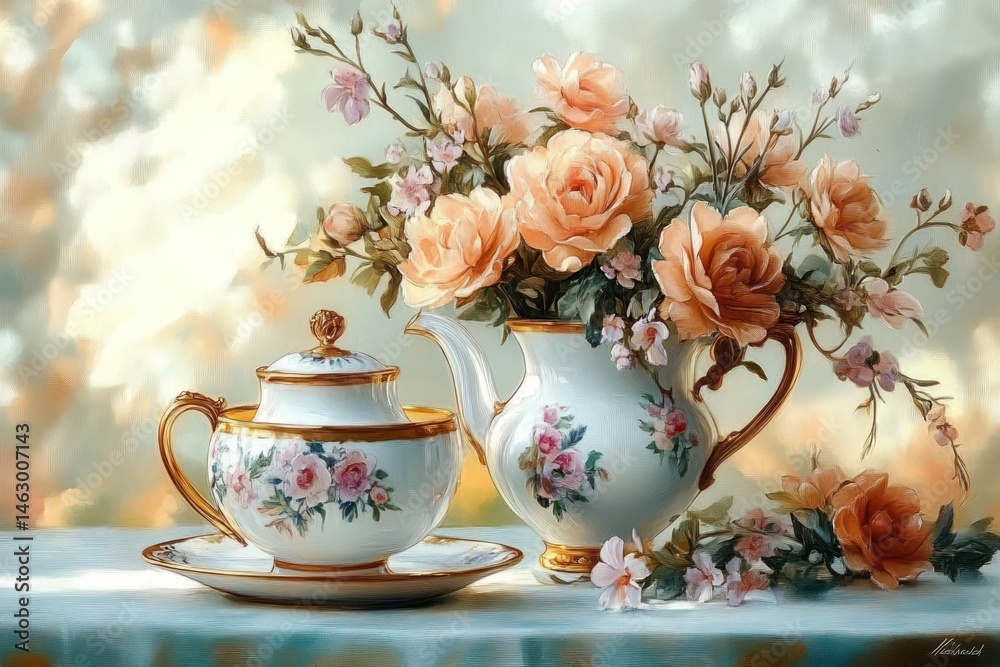 Elegant porcelain tea set with delicate floral patterns accompanied by a matching vase filled with blooming peach roses and small pink blossoms creating a serene and refined atmosphere