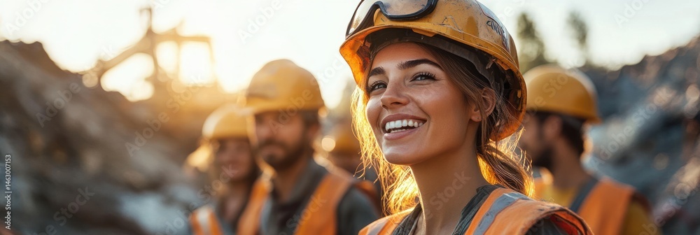 Smiling female construction worker wearing safety helmet and vest with three blurred colleagues in the background at a construction site during sunset