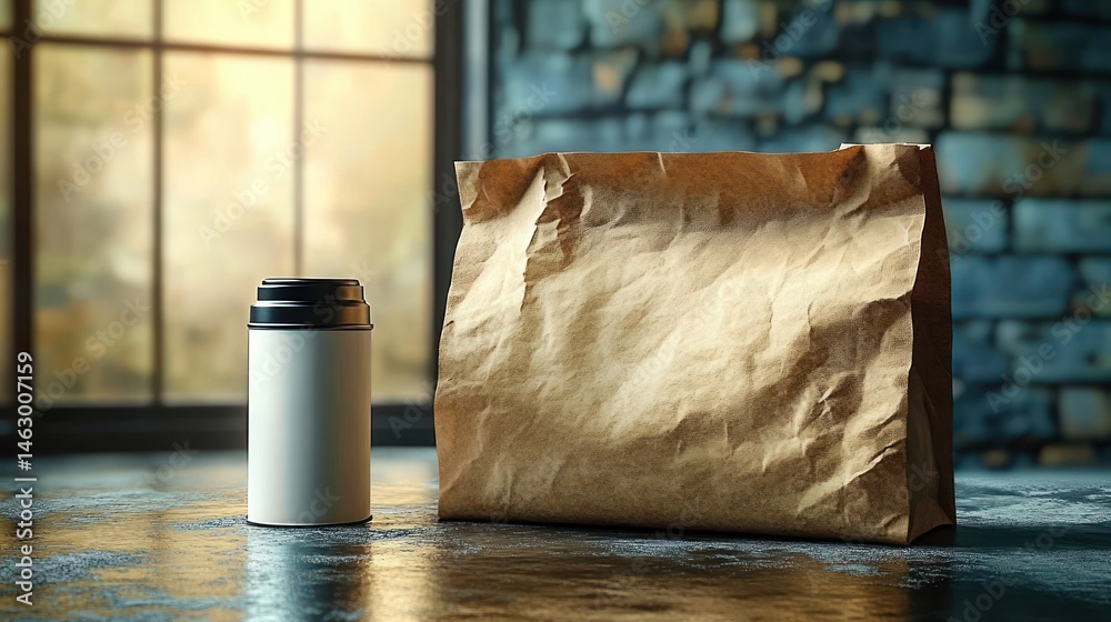 Crumpled brown paper bag and white travel coffee cup with black lid placed on reflective surface by a window with soft natural light
