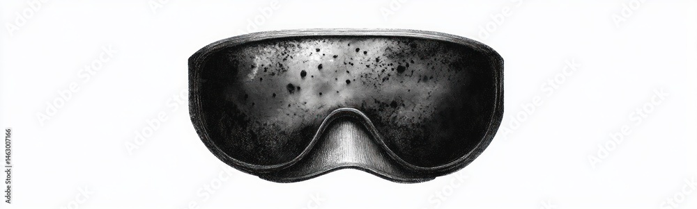 Close-up of a single worn and weathered black eye mask with visible stains and texture on a white background