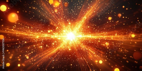 Obraz na płótnie Bright golden light explosion with radiant beams and glowing particles floating against a dark background, creating a dynamic and energetic atmosphere w salonie