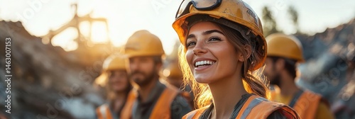 Obraz na płótnie Smiling female construction worker wearing safety helmet and vest with three blurred colleagues in the background at a construction site during sunset w salonie