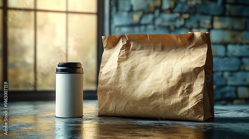 Obraz na płótnie Crumpled brown paper bag and white travel coffee cup with black lid placed on reflective surface by a window with soft natural light w salonie