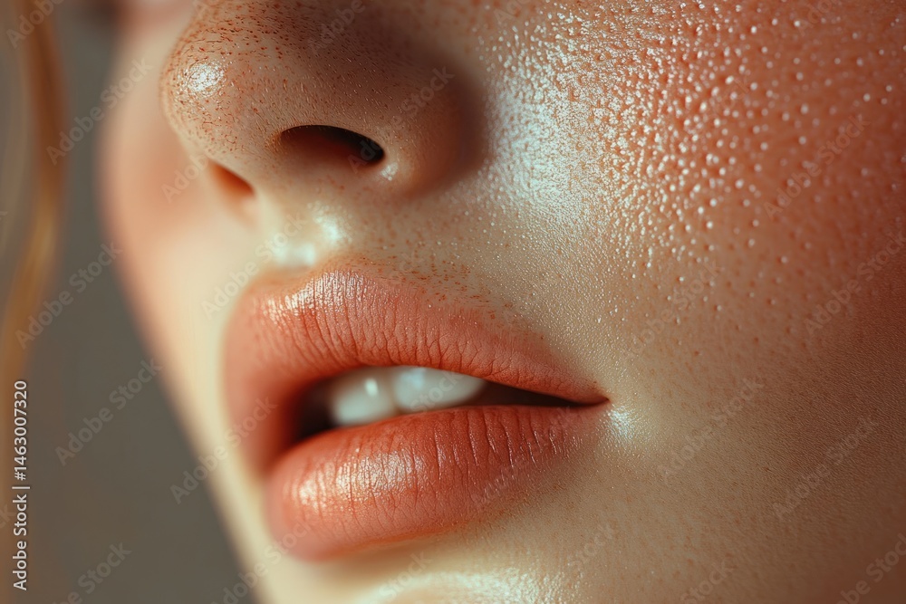 Close-up of smooth skin with natural freckles, dewy texture, and slightly parted soft lips expressing calmness and subtle sensuality