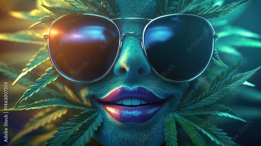 Close-up of a surreal anthropomorphic cannabis leaf face wearing reflective aviator sunglasses with a confident smile and glossy purple lips