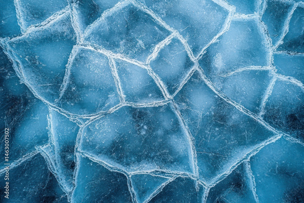 Close-up view of cracked blue ice with intricate jagged patterns and frosty texture