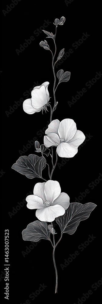 Delicate white flowers with detailed petals and leaves on a slender branch against a black background, evoking elegance and simplicity