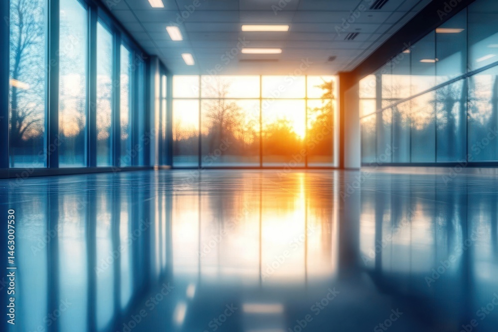 Empty modern office space with large glass windows reflecting soft sunlight during sunset or sunrise