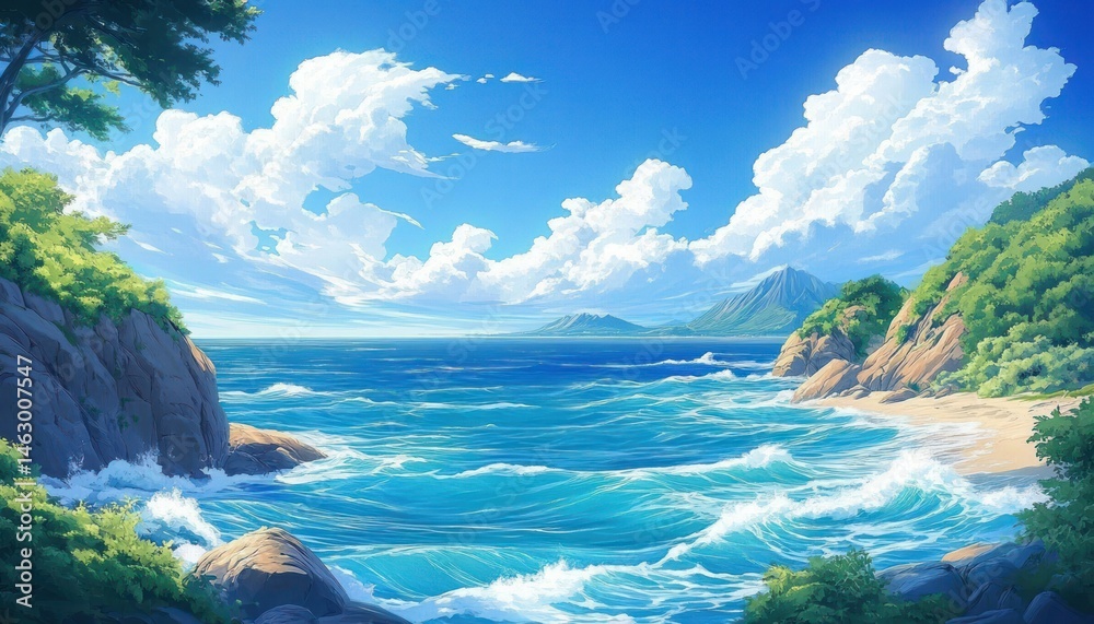 Bright sunny seascape with clear blue sky, white fluffy clouds, vibrant turquoise ocean waves crashing on rocky cliffs and sandy beach surrounded by lush green vegetation