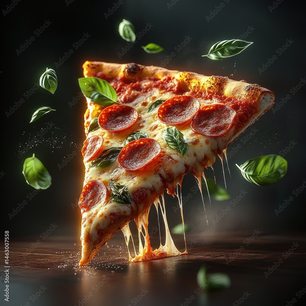 Close-up of a hot slice of pepperoni pizza with melted cheese stretching and fresh basil leaves floating around