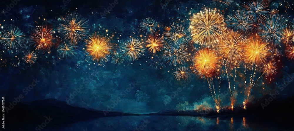 Golden fireworks bursting vividly over a dark blue night sky above calm water with distant hills silhouette, creating a festive and celebratory atmosphere