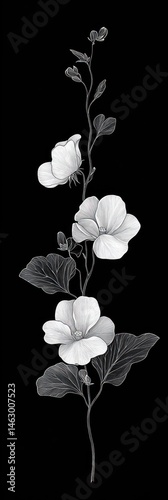Obraz na płótnie Delicate white flowers with detailed petals and leaves on a slender branch against a black background, evoking elegance and simplicity w salonie
