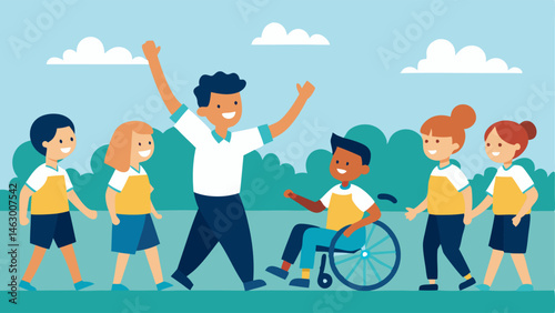 Outdoor Activity A group of students participating in a school field day with one student in a wheelchair actively racing alongside peers all cheering for each other.