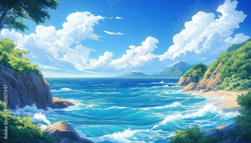 Obraz na płótnie Bright sunny seascape with clear blue sky, white fluffy clouds, vibrant turquoise ocean waves crashing on rocky cliffs and sandy beach surrounded by lush green vegetation w salonie