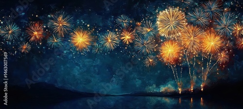Golden fireworks bursting vividly over a dark blue night sky above calm water with distant hills silhouette, creating a festive and celebratory atmosphere