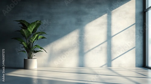 Green plant in white pot casting shadows on a sunlit empty room with textured gray walls and large window