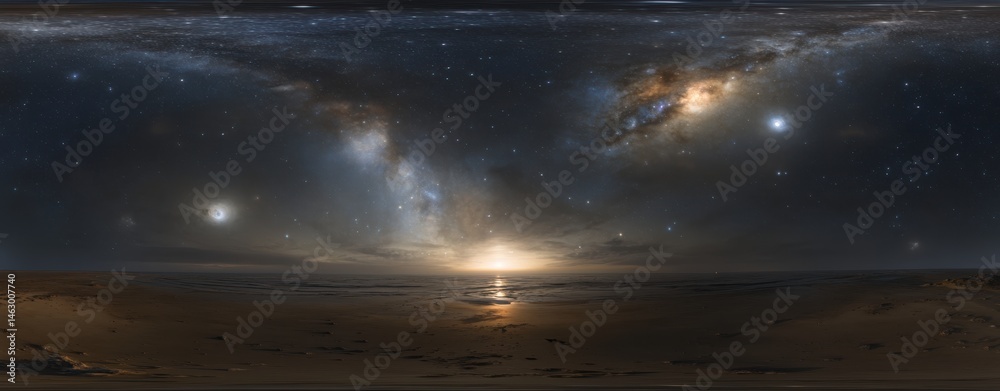 Cosmic panorama of a distant shore. Milky Way, stars, and a sunrise over a sandy beach Cosmic panorama of a distant shore. Milky Way, stars, and a sunrise over a sandy beach
