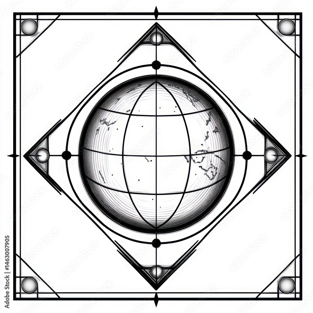 Black and white geometric design featuring a central globe with latitude and longitude lines inside a diamond shape bordered by concentric squares and ornate corner elements