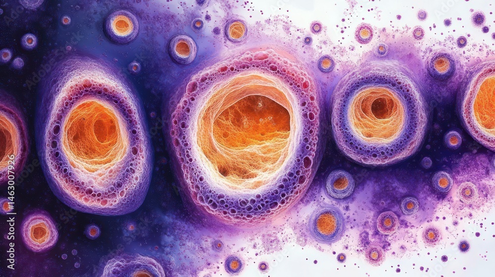 Detailed close-up of microscopic view showing multiple round cell-like structures with orange centers and purple outer layers against a white background