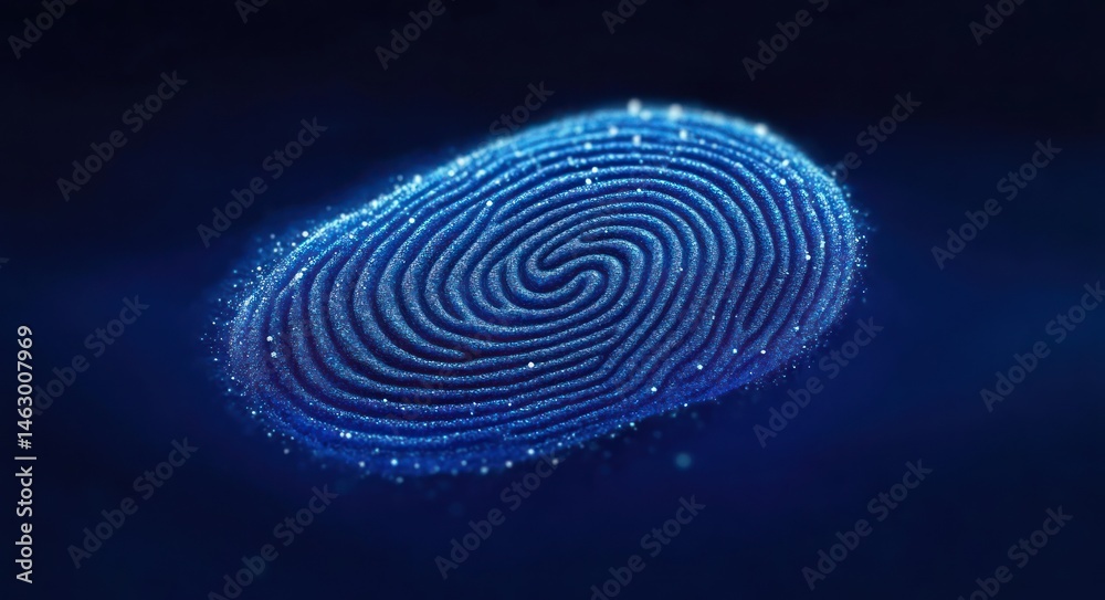 Close-up of a glowing blue fingerprint with sparkling particles on a dark background evoking a sense of technology and security